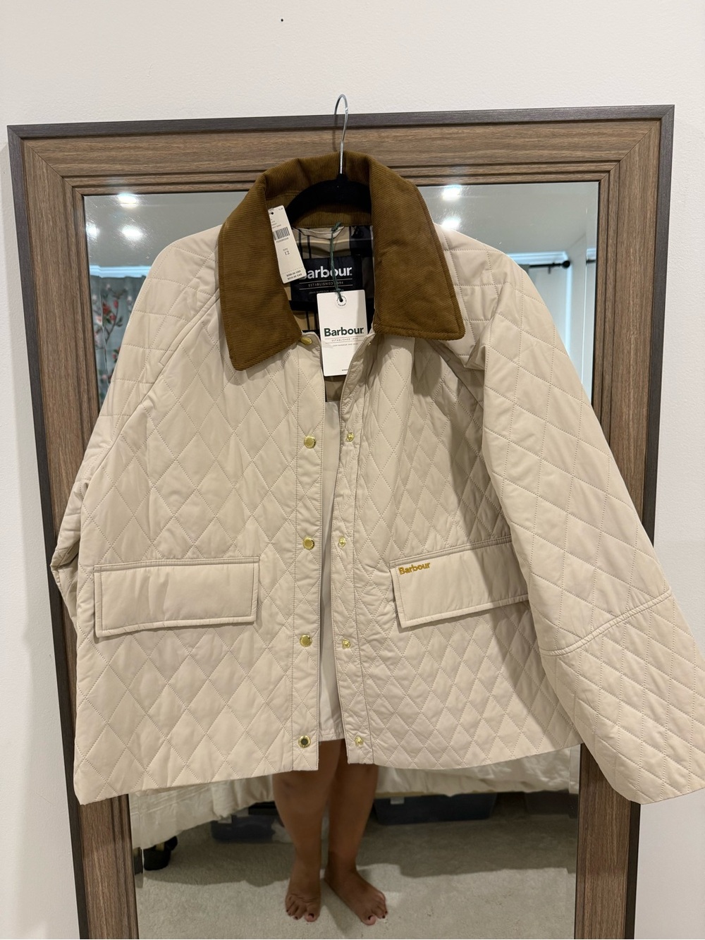Barbour Kirby Quilted Beige Jacket with Brown Cord Collar Size 12 NWT